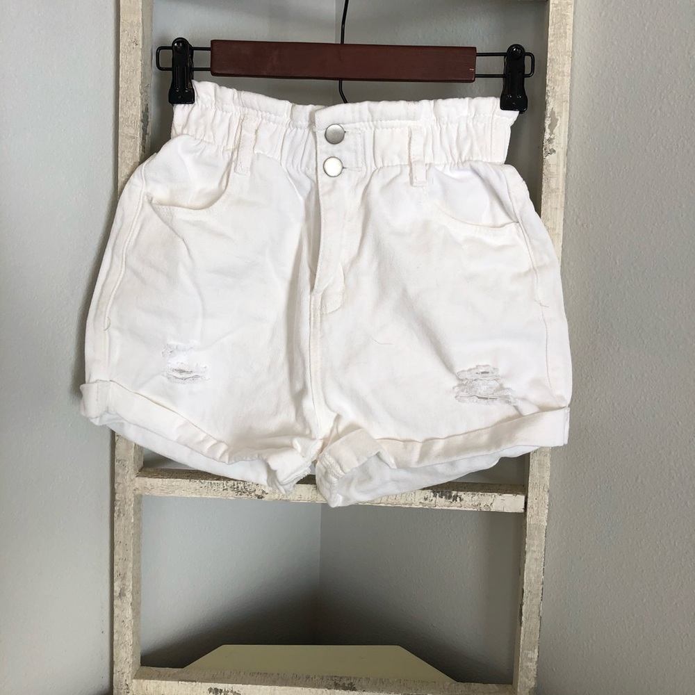 Paperbag White Distressed Denim Jean Shorts